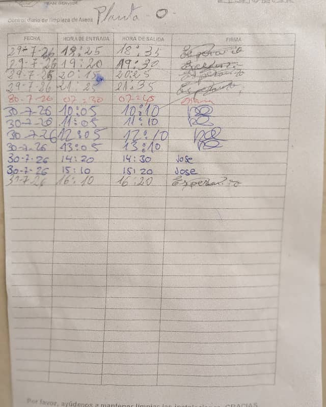 Hoja de control de limpieza real: cada salida anotada cinco minutos después de la entrada, con el mismo boli y la misma firma